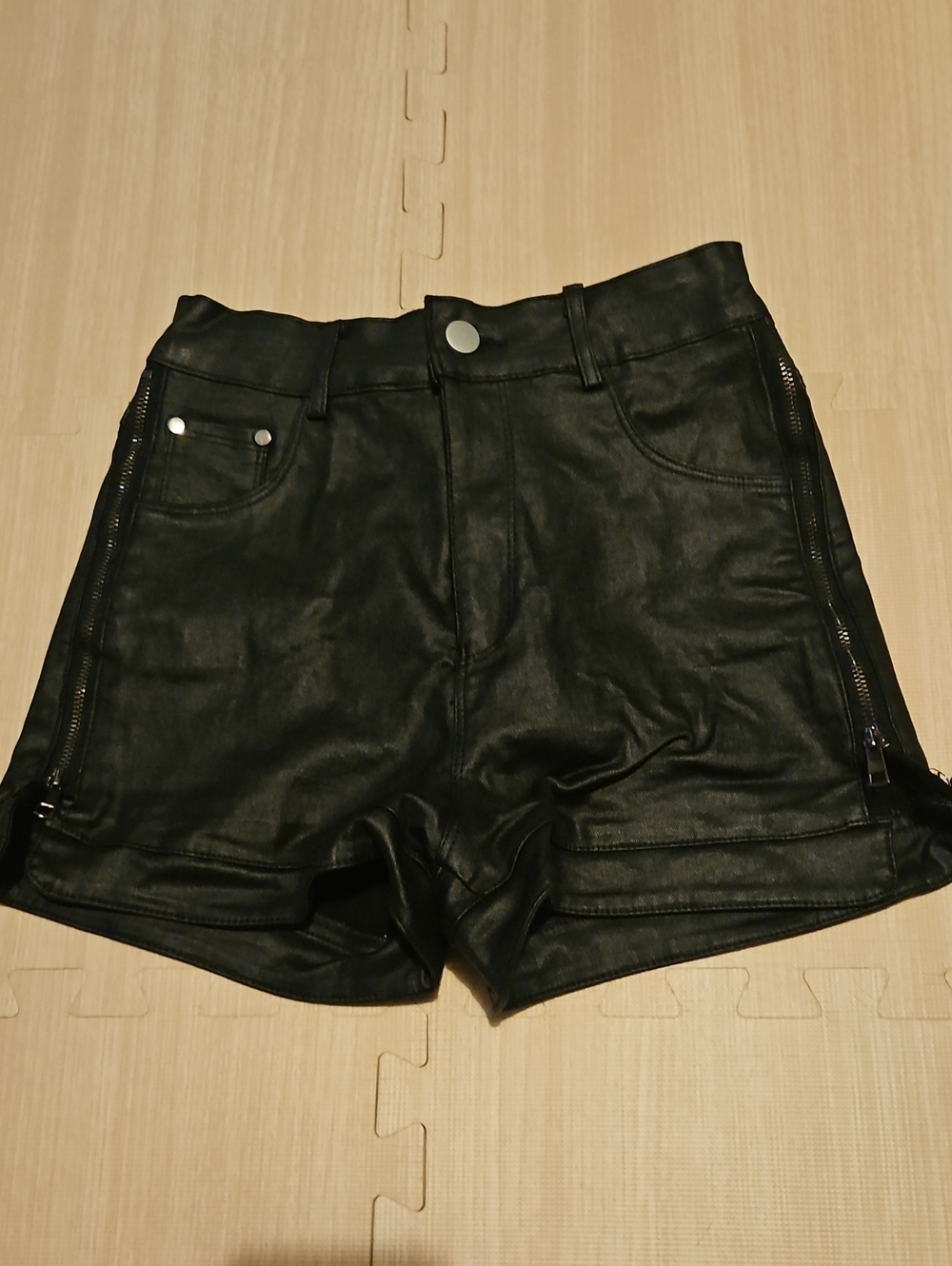 Black Faux Leather Women’s Shorts with Side Zippers